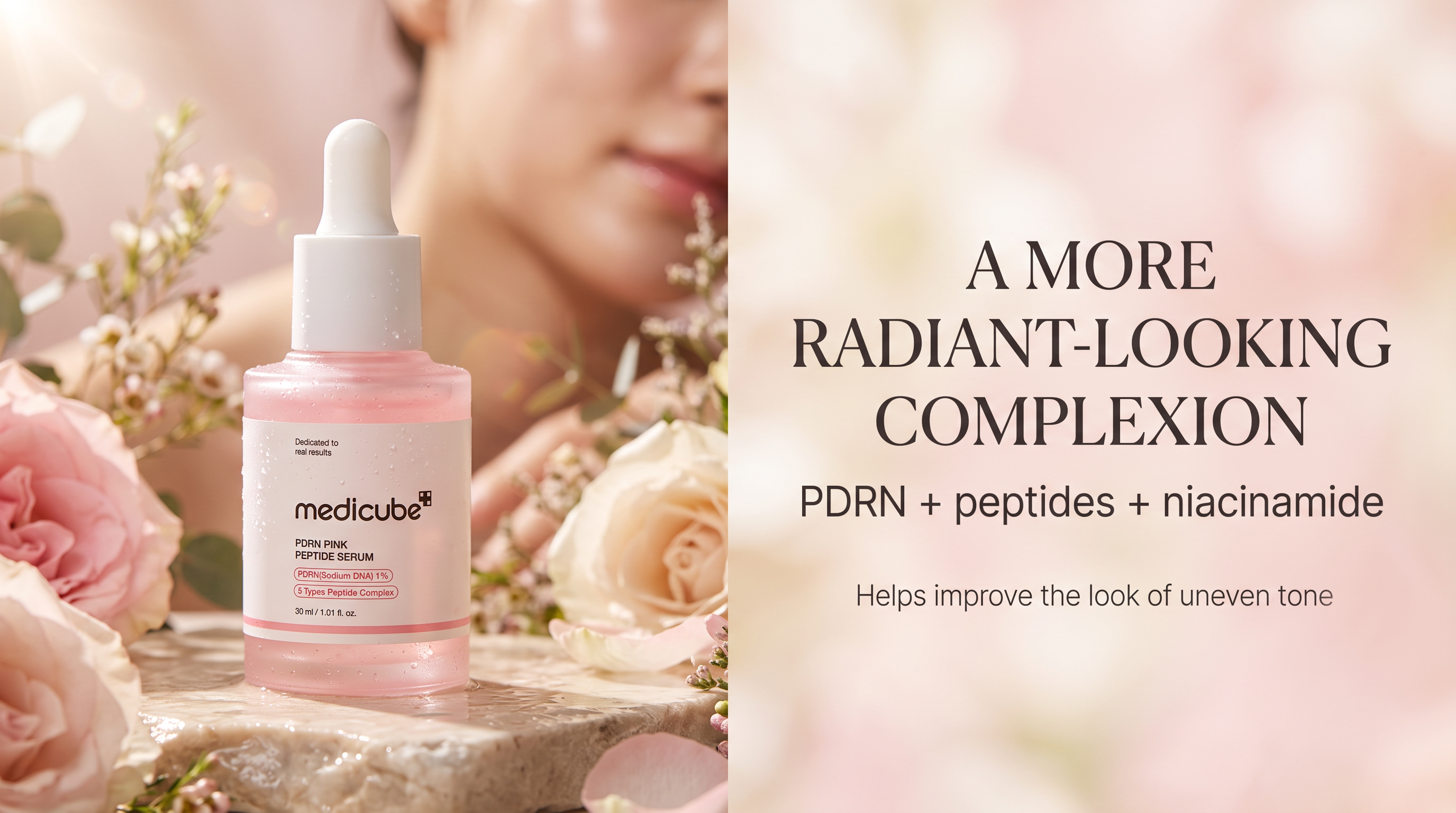 Pink Glow Ritual banner featuring the serum and ingredient spotlight