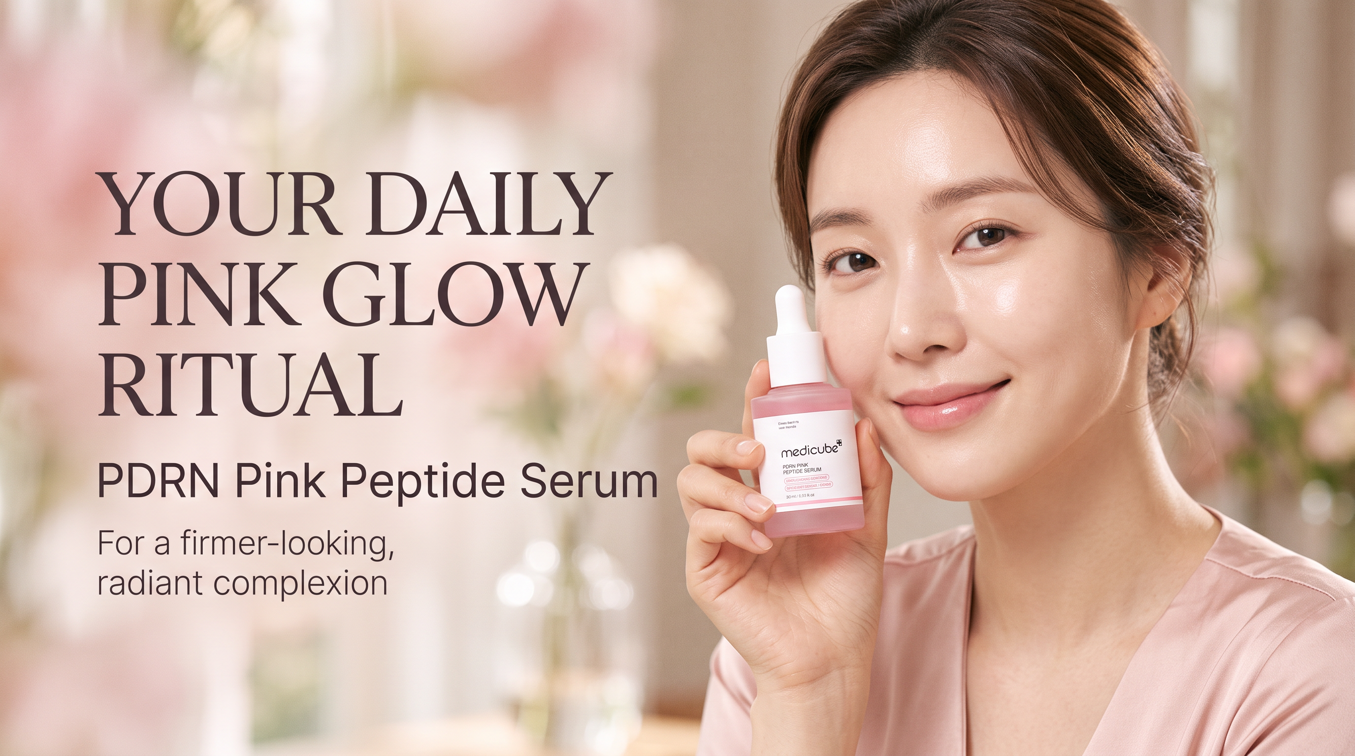 Pink Glow Ritual banner with the serum held beside a softly smiling model